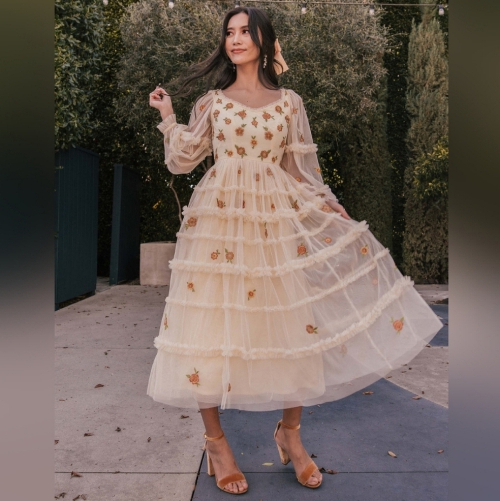 JessaKae Ivory Floral Embroidered Midi Dress